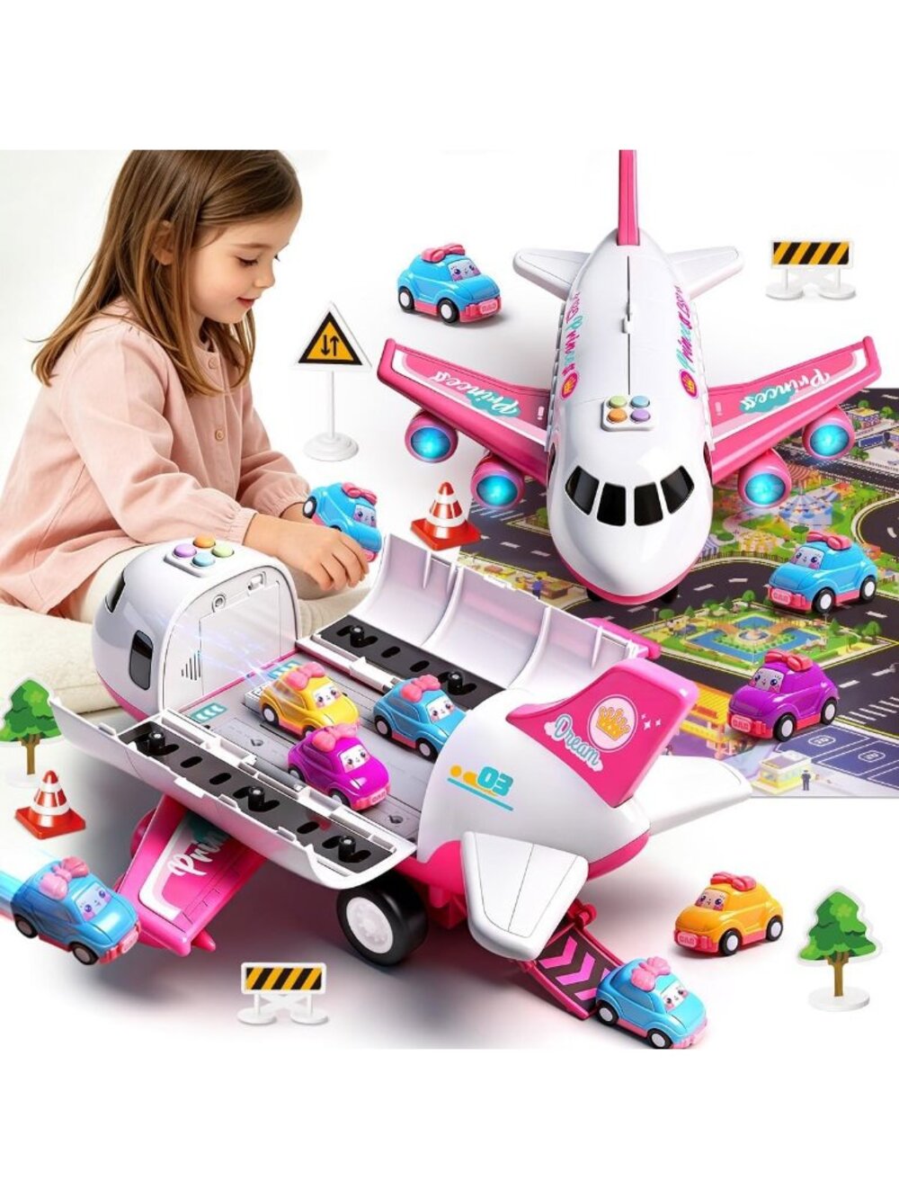 Pink Airplane Toy Set for Kids - Includes 9 Mini Cars & Play Mat Fun!